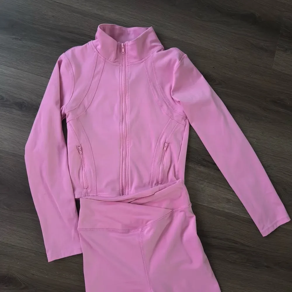 Pink athletic wear set Fitted Active Yoga Lightweight Top Zip Up Workout Jacket